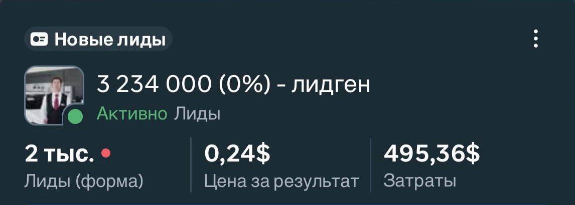 Geely kampaniyasi skrinshoti: 2 ming lead, $0,24 dan